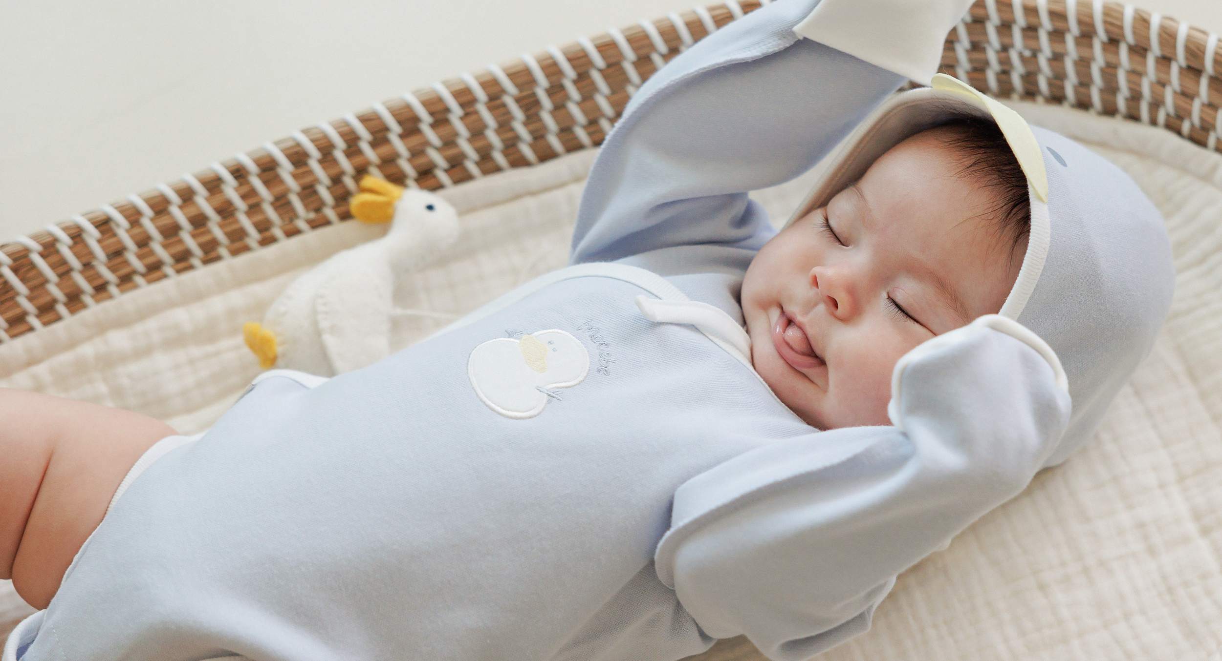 A baby asleep in a basket