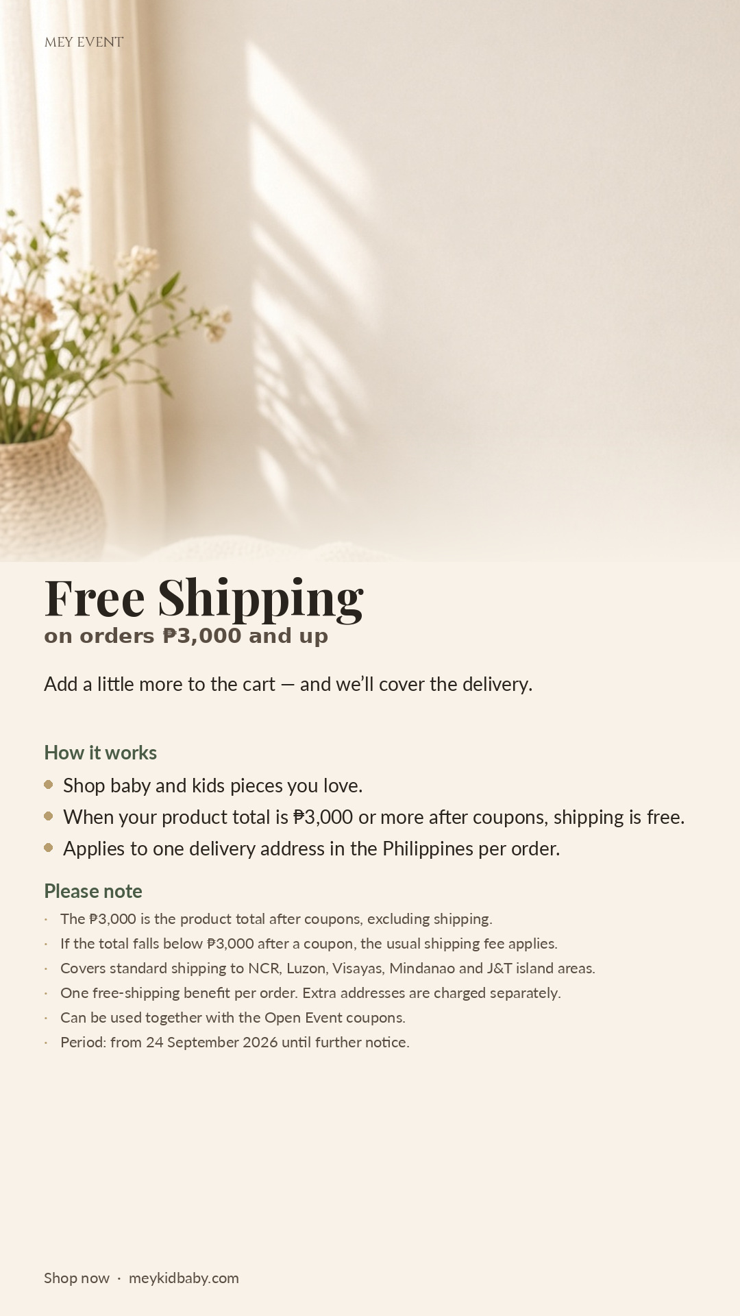 MEY free nationwide shipping event details for orders of ₱3,000 or more after coupons and discounts