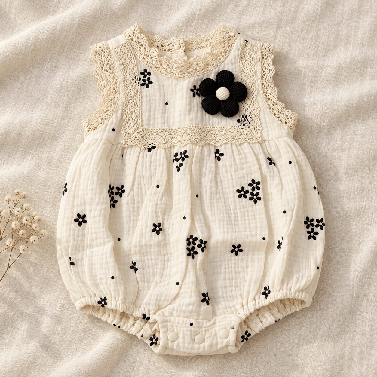 Black Bloom Lace Flower Baby Romper