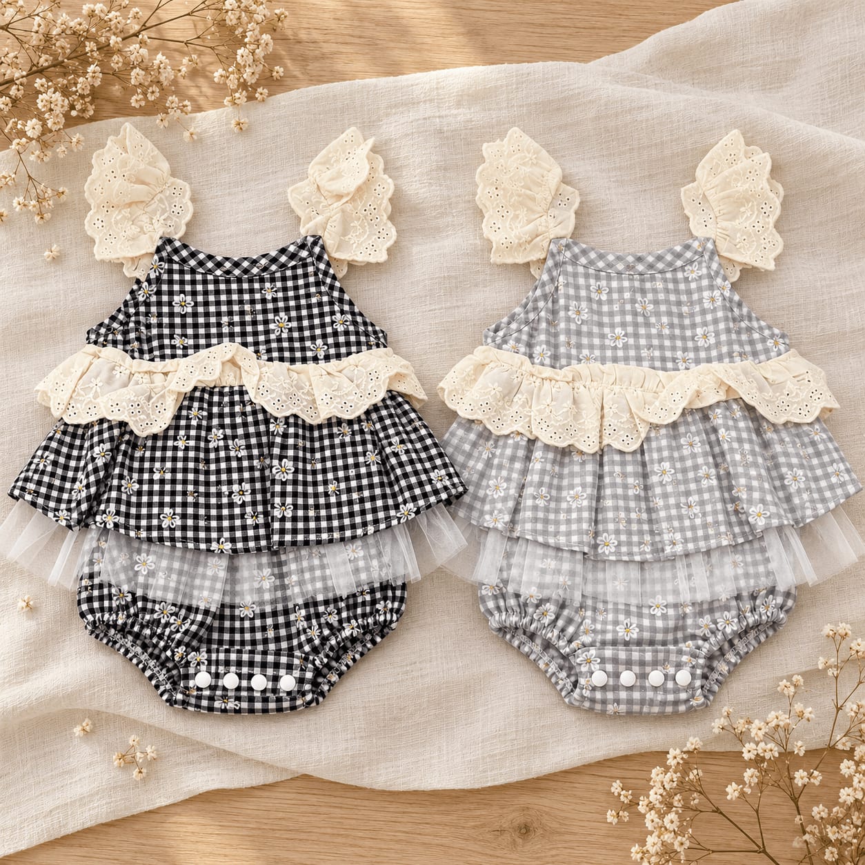 Daisy Check Eyelet Tulle Ruffle Baby Bodysuit