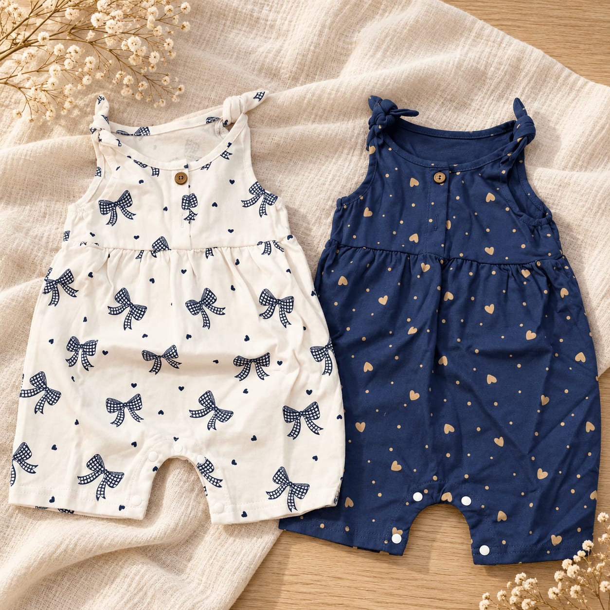 Petit Ribbon Heart Tie-Shoulder Baby Romper