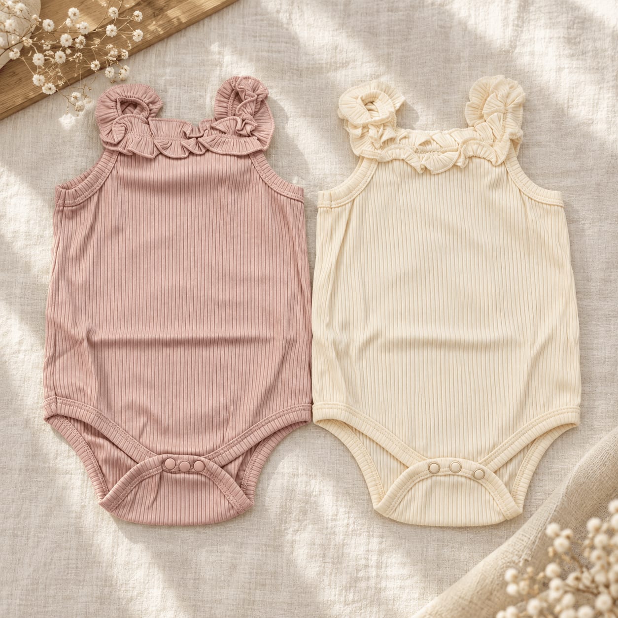 Rosy Cream Ribbed Ruffle-Shoulder Baby Bodysuit