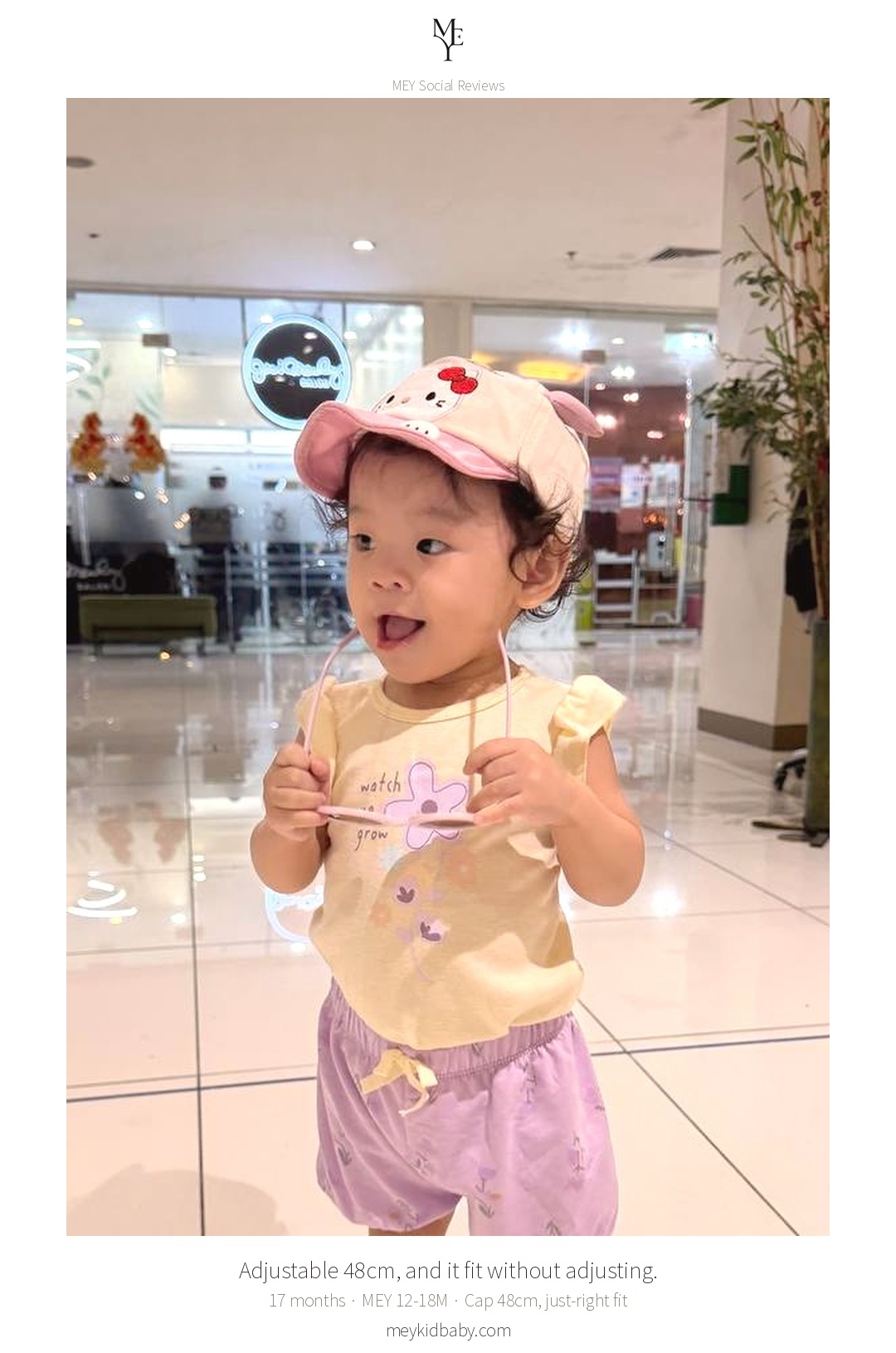 A 17-month-old wearing the MEY character cap during a mall afternoon 6